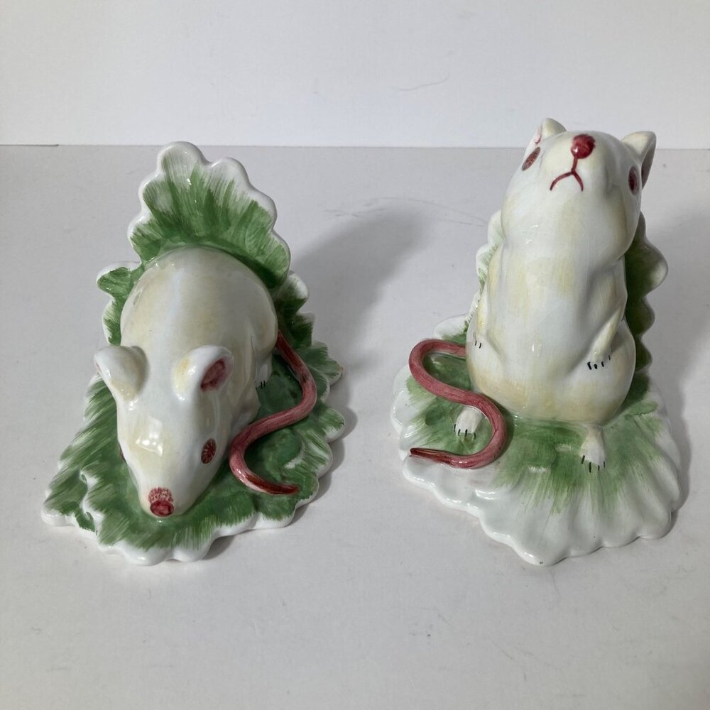 2 Italian Ceramic Mice Cabbage Figurines 4 x 5" Numbered White Green Pink